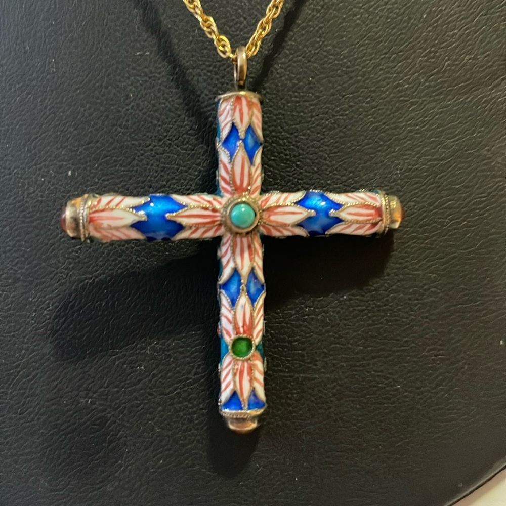 Antique Cross Pendent China 925 Silver Gold Gilt Cloisonne Turquoise  Ca…